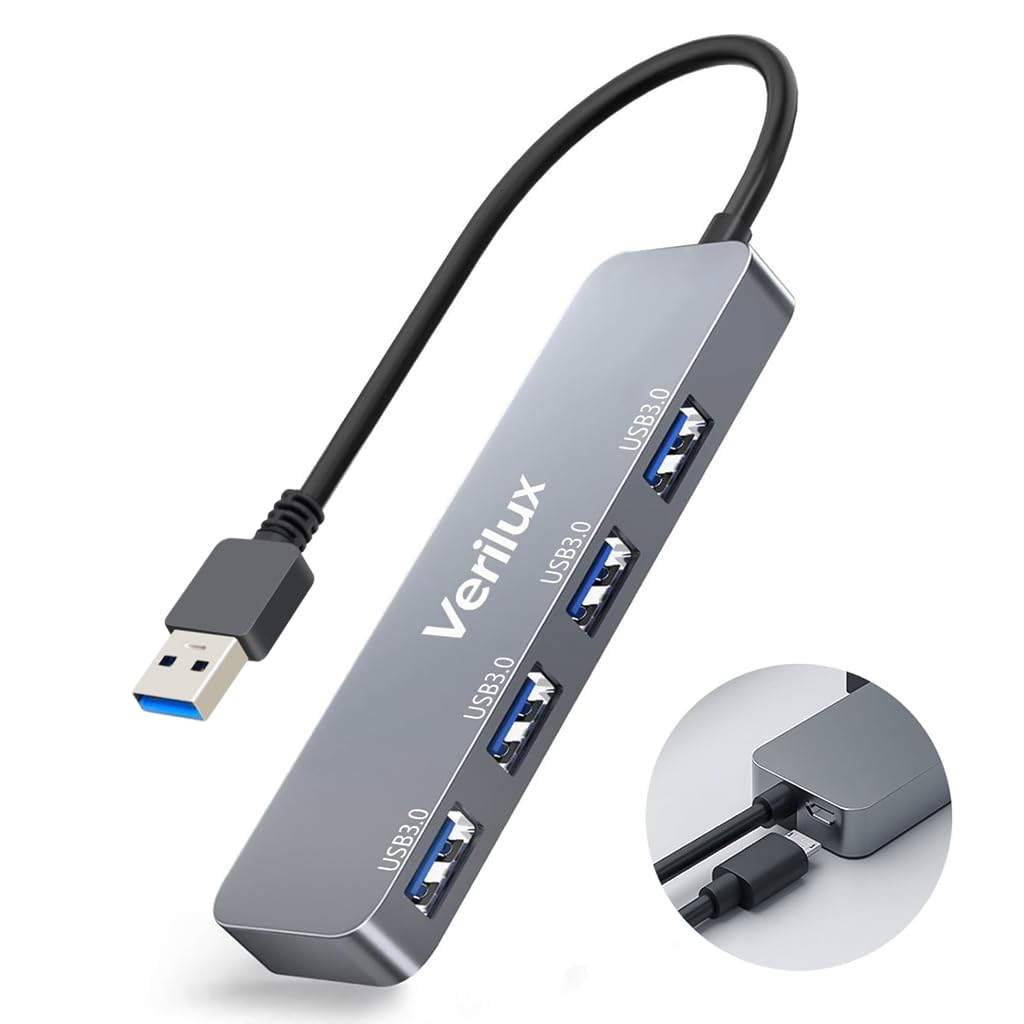 Verilux USB Hub, 4 USB 3.0 Extender,4 in 1 Multiport USB Hub,Aluminum Alloy,Faster Transmission,USB Hub for Home & Work,Compatible with Most USB Devices