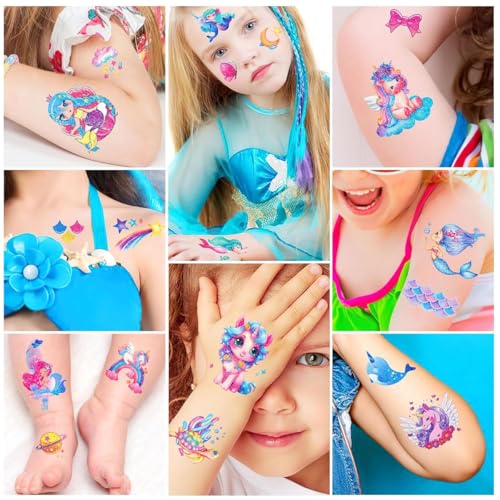 MAYCREATE® 12 Sheet Tattoo Sticker for Kids Girls Cartoon Mermaid Unicorn Temporary Tattoo Waterproof Glitter Tattoo Stickers for Hands Face Arm Band Fake Tattoos for Party Favors Supplies 2 PCS
