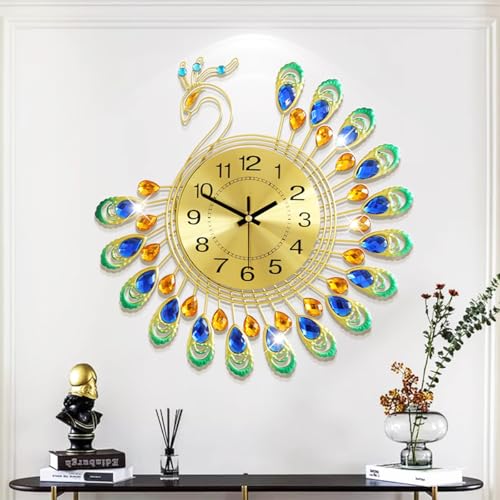 HASTHIP 15 Inch Golden Peacock Metal Art Clock for Home Décor - Silent Non-Ticking Retro Roman Wall Clock for Living Room, Bedroom, Office, Battery Operated (Without Battery)