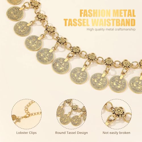 SANNIDHI® Waist Chain Gold Coin Tassel Belts Boho Belly Hip Chains for Women Saree Adjustable Vintage Western Fashion Cowgirl for Dresses Jeans Skirts 3 PCS
