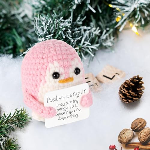 ZIBUYU® Handmade Crochet Penguin Desk Decor with Positive Message Card Cute Motivational Toys Gift for Office Home Baby Nursery Pink 3 PCS
