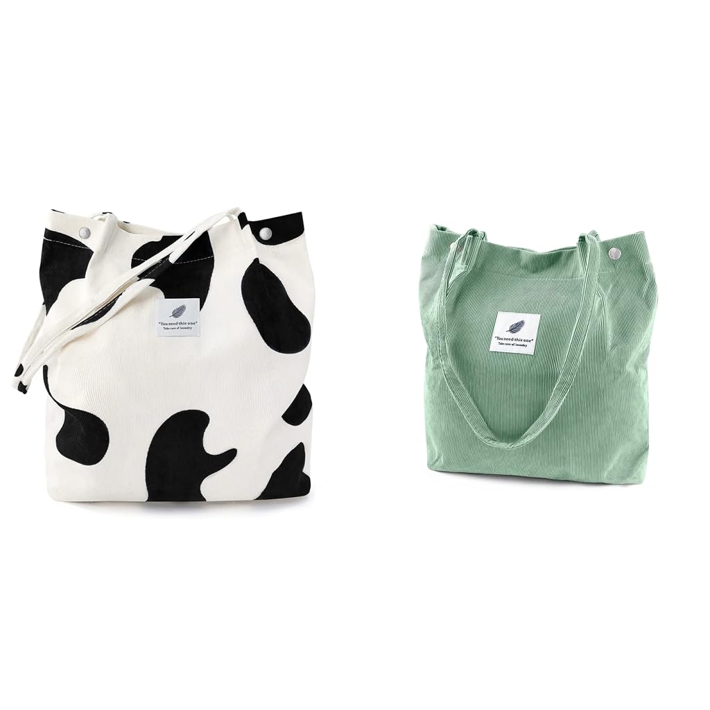 PALAY Tote Bags for Women for School Work and Shopping with Corduroy Material Beige & Green