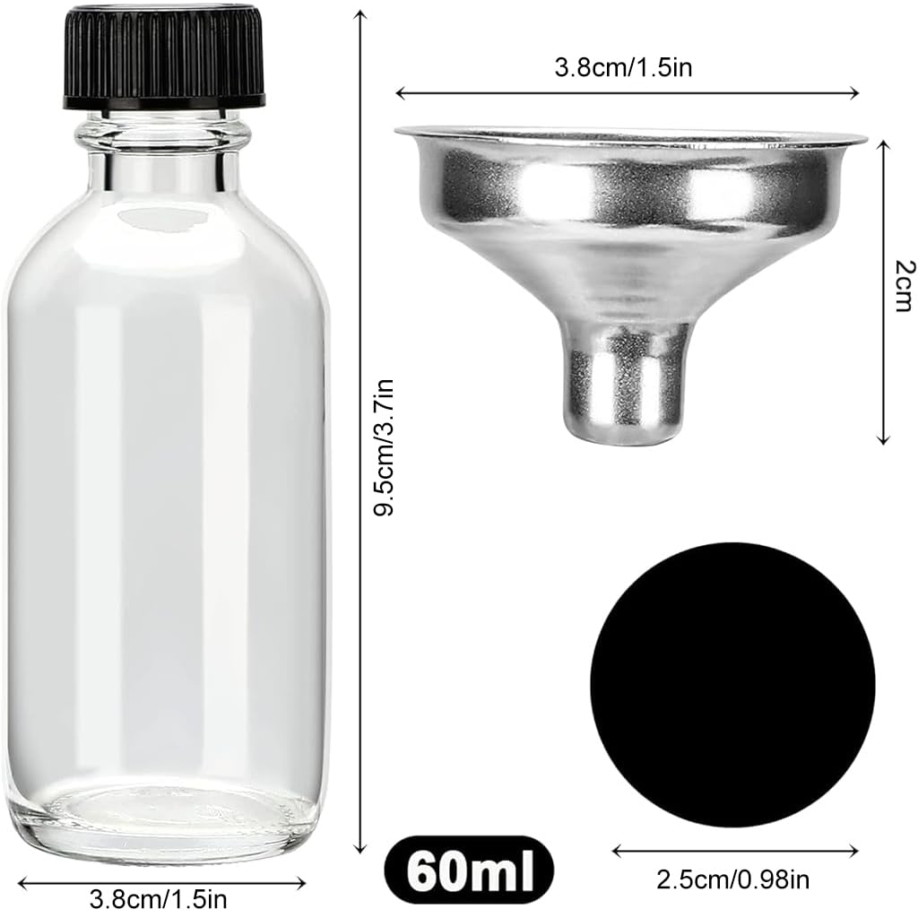 HASTHIP Small Glass Bottles Set for Juice and Drinks with Leak Proof Lids 12 x 60 ml | Includes Funnels Labels and Pen