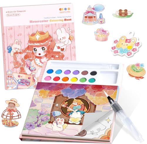 PATPAT® Cartoon Watercolor Coloring Book, Includes 18 Dreamy Cartoon Princess Castle Scenes Themes & 24Pcs Coloring Punched Bookmarks, 12-Color Water-Based Pigments, Brush Pen, Painting Instructions