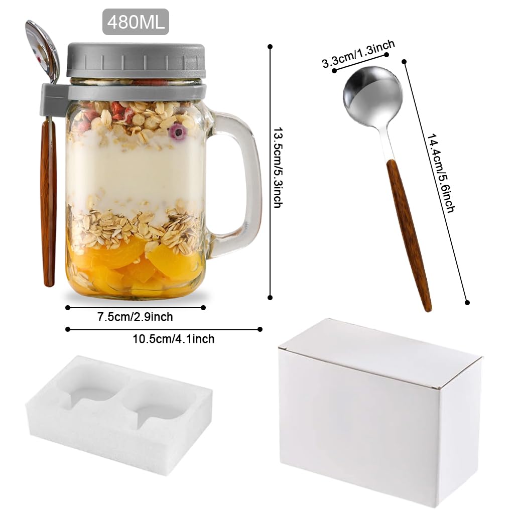 Supvox Overnight Oats Jars for Meal Prep featuring 16oz Glass Design with Handle & Spoon | Leakproof Lids