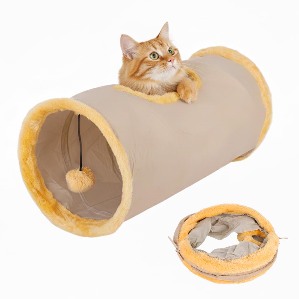 Qpets® Cat Hiding Cave Plush Play Tunnel with Top Open & Fluffy Ball Teaser Toy, 25cm Dia, 70cm Long, Collapsible Pet Play House, Reusable & Washable