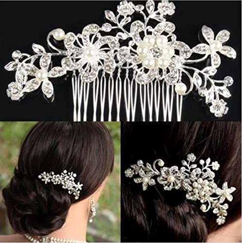 PALAY® 2 Pcs Bridal Hair Clips-Dainty Flowered Headpiece White Cream Flower Beads Hair Comb Vintage Crystals Hair Comb Hair Accessory for Women & Girls