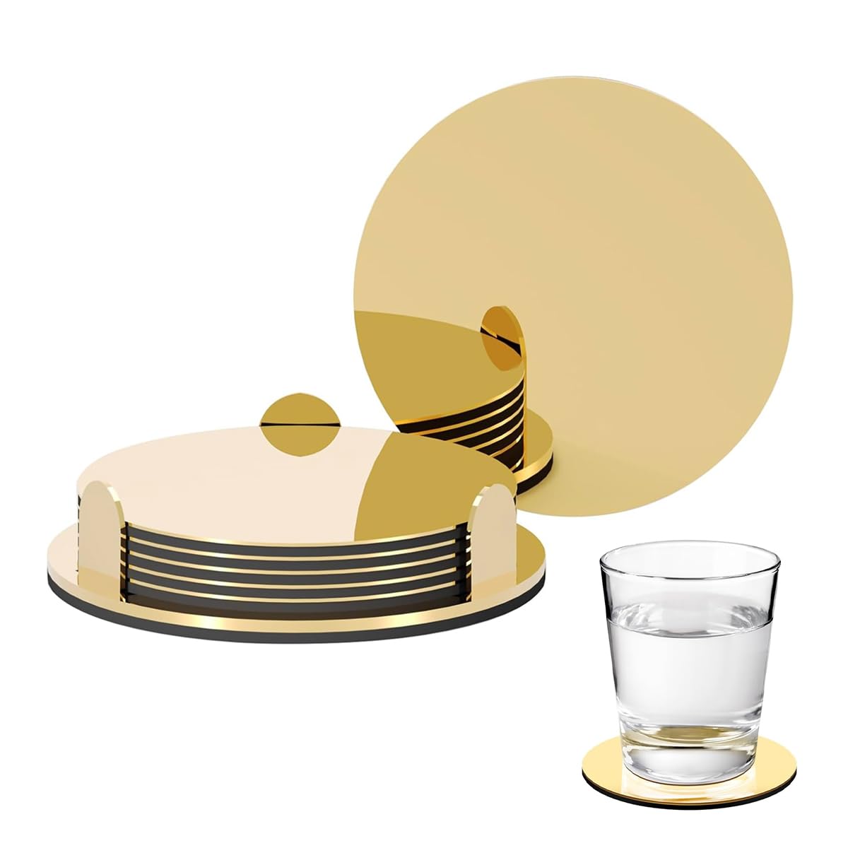 ZIBUYU Coasters Set for Home and Office with Holder featuring Gold Stainless Steel | 6 Pieces