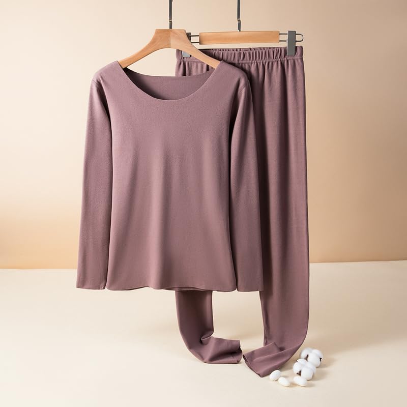 Venzina® Women Long Sleeve Loungewear Set Soft Round Neck Top and Elastic Waist Pants, 2-Piece Pajama Sleepwear, Thermal Winter Base Wear Set, Coffee-L