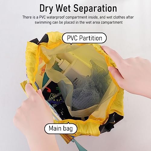 PALAY® Swimming Bag for Kids Cute Cartoon Shark Print Waterproof Drawstring Backpack Dry Wet Separation Storage Travel Sports Portable Beach Yellow 3 PCS