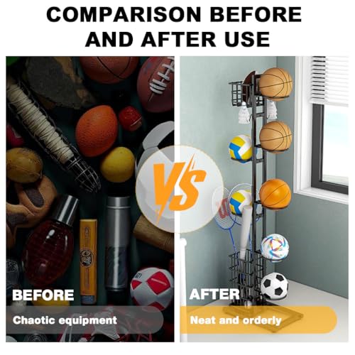 Proberos® Ball Stand Organizer Rack with 7 Ball Bracket & Basket,for Football,Basketball Volleyball Badminton & Tennis Rackets DIY Assembly Accessories Storage Stand with Suction Cup Base