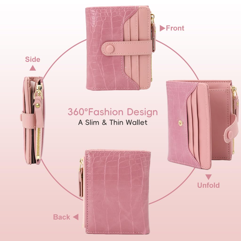 ZIBUYU Women Purse with 8 Card Slots and Snap Button Closure 11.5x9cm Pink PU Wallet | Gift for Women