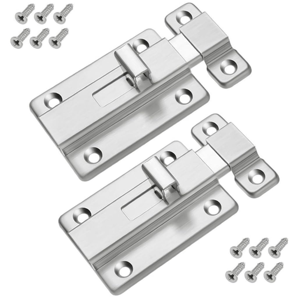 HASTHIP® Stainless Steel Door Lock Sliding Latch with Screws Heavy Duty Security Slide Lock for Door, Window, Cabin, Chicken Coop, Barn (2 Pcs, Silver)