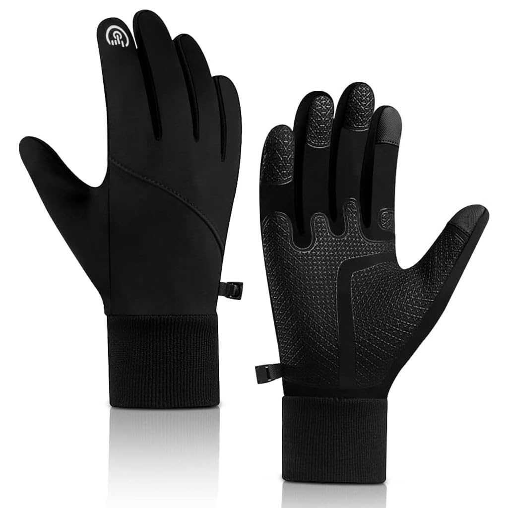 PROBEROS Winter Cycling Gloves for Outdoor Riding with Anti Slip Palm 24.5cm Fit | Black Waterproof Warm Touchscreen Design