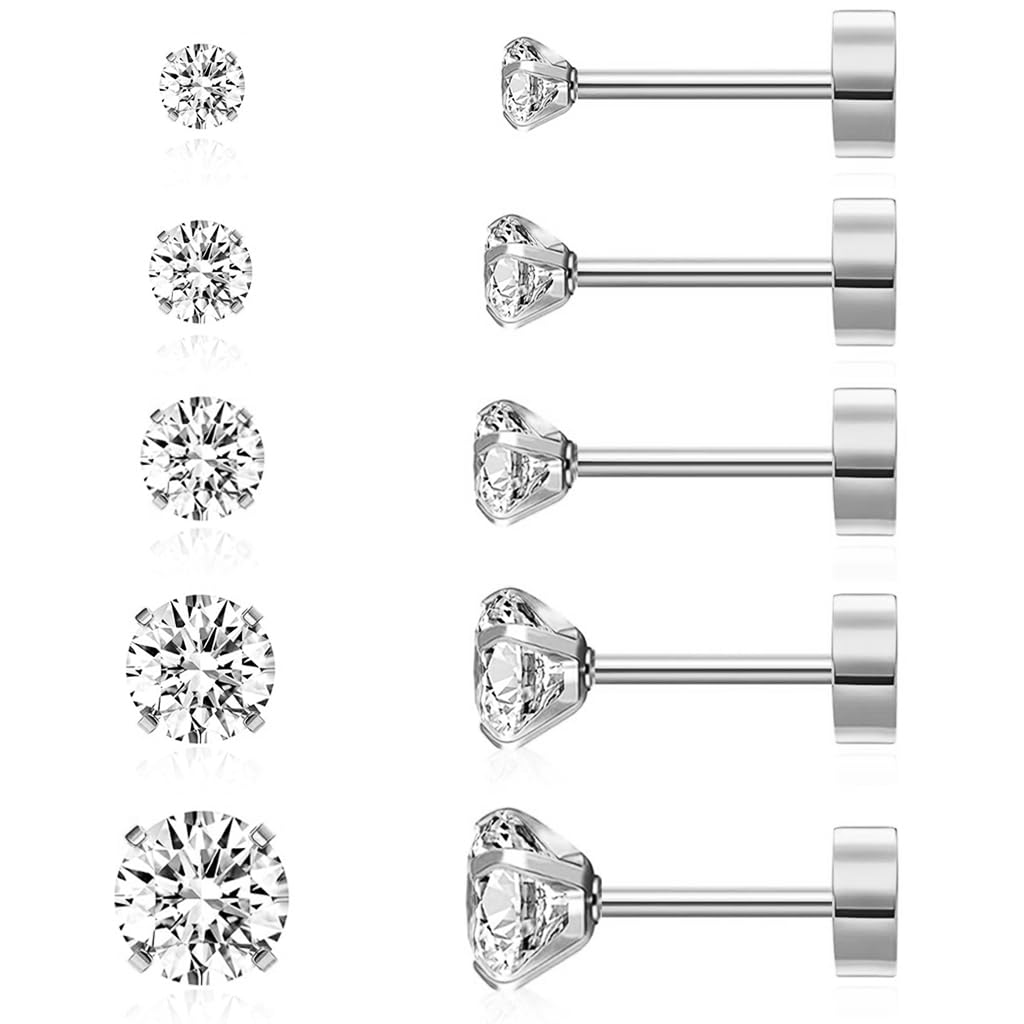 SANNIDHI® 5 Pairs Earrings for Women Flat Back Cartilage Stud Earrings Cubic Zirconia 316L Stainless Steel Earrings Hypoallergenic Nickel-Free Earrings - 3/4/5/6/8mm, Silver