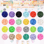 Venzina® 4000pcs Clay Beads For Jewellery Making Kit, 24 Colors Clay Beads for Bracelet Making, Polymer Flat Beads Alphabet Spacer Beads With Charms Elastic Strings DIY Craft Gift for Kids Girls Women