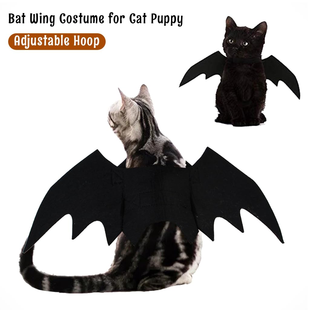 Qpets Bat Wing Costume for Cats and Puppies with 41cm Wings & Adjustable Hoop Closure | Soft Black Felt Halloween Outfit