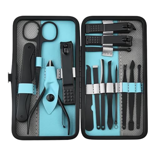 ZIBUYU® 15pcs Stainless Steel Nail Clipper Set with Black Leather Travel