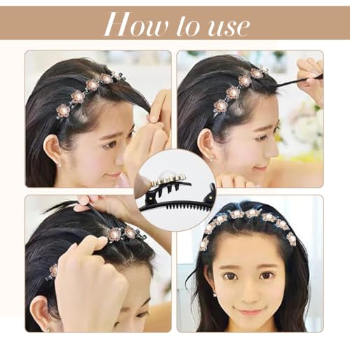 Venzina® 4 Pcs Double Layer Twist Plait Headband Pearl Hairband for Women Girls Braided Hair Band with Floral Alligator Clips Hair Accessories for Thin or Thick Hair