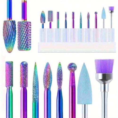 ZIBUYU® 10Pcs Nail Drill Bits with Storage Rack,Assorted Tungsten Carbide Nail Drill Bits,Interchangeable for Acrylic Gel Nails Cleaning Cuticles Smooth Shaping