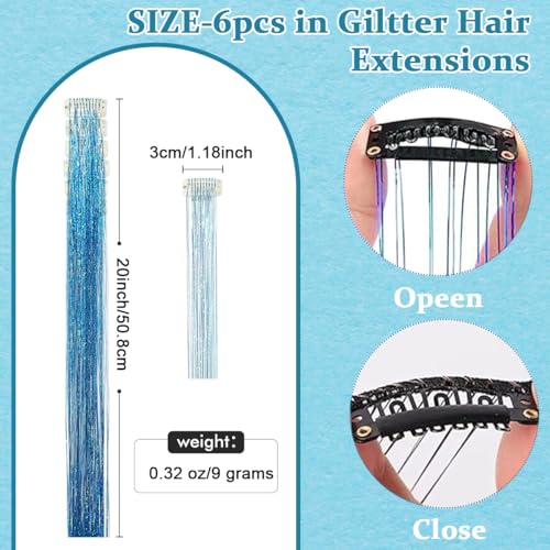 MAYCREATE® 6pcs Hair Tinsel Hair Extensions for Women Girls Blue Glitter 20'' Clip-in Fairy Hair Tinsels Highlight Sparkling Tinsel Hair Clips for Party, Festival