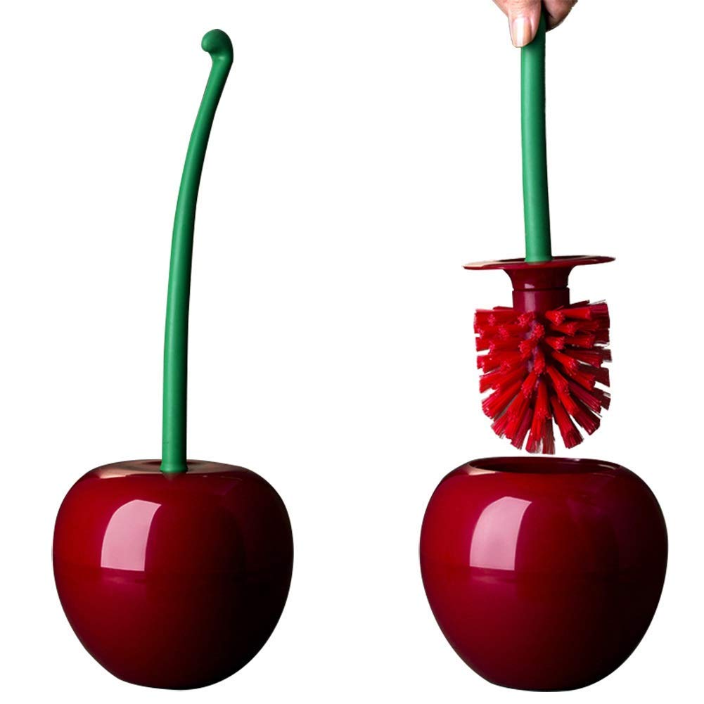HASTHIP® Bathroom Toilet Brush Scrubber with Drip Storage Holder Hard Nylon Bristle Cleaning Brush with Long Handle,Deep-Cleaning Toilet Bowl Cleaner,Creative Red Cherry Scrubber
