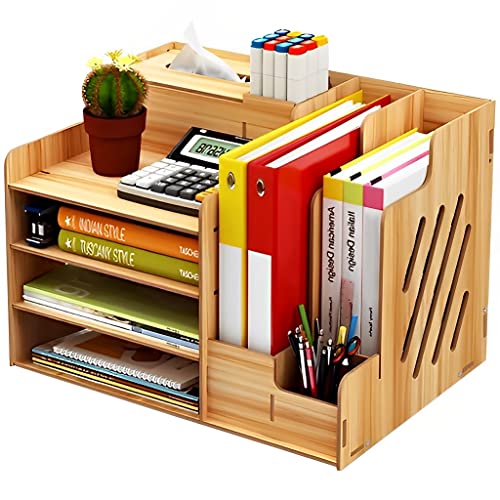 ZIBUYU® Yellow Wooden Multi-Functional Desk Stationary Organizers with Book Stand Tissue Box Pen Holder with 4 Layer Rack Table Accessories Supplies for Office,Room