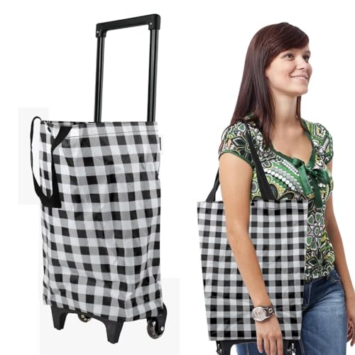 Serplex® Oxford Trolley Shopping Bag Waterproof Foldable Grocery Cart with Wheels & Lifting Handles, 20kg Capacity, Retractable Handle, Fashion Checkered Trolley Shopping Bag