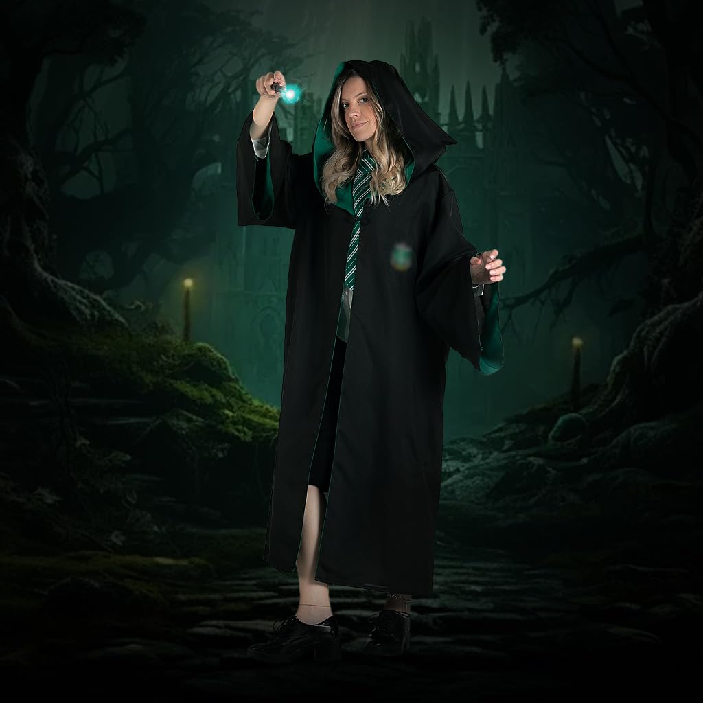 PATPAT® Ha*ry Potter Costume Cloak Cosplay Har*y Potter Robe for Women Men, House of Slytherin Costume Set with Tie, Wand & Round Glasses, Magic Wizards Halloween Costume for Teens Adults (Size M)