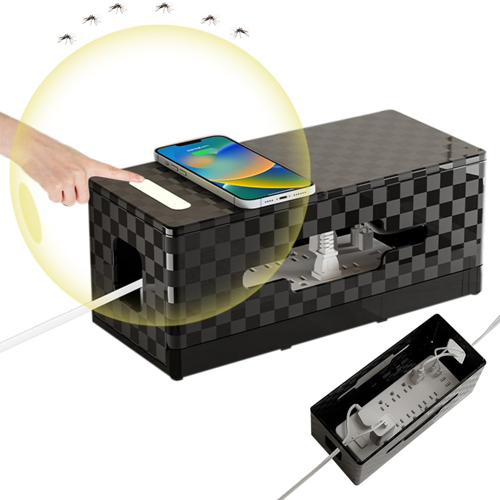 HASTHIP Cable Management Box for Desk and Home with Wireless Charger and 12.59 in Size | Includes Adjustable Mosquito Repellent Lamp in Black