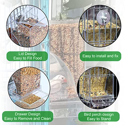 Qpets® Bird Feeder for Cage, Food Parrot Seed Feeders with Perch, Acrylic Transparent Container Cages for Lovebirds Parakeets - 3.35 x 2.95 x 7.28 inches 3PCS