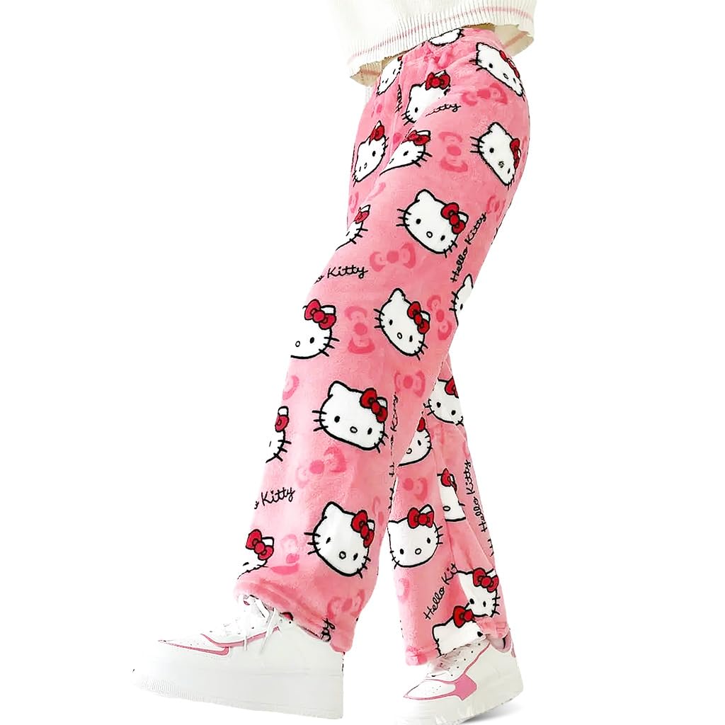 Venzina® Women's Pajamas Bottom Winter Warm Flannel Pink Hello Kitty Home Wear Pants Elastic Waist Warm Plush Trousers Daily Wear Cozy Home Wear Pants, L