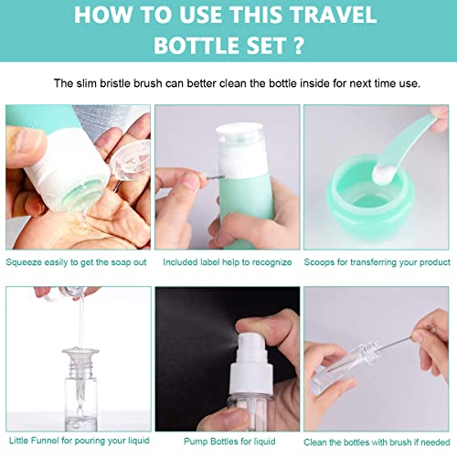 MAYCREATE® 14pcs Travel Bottles for Toiletries, Portable Leak Proof Silicone Containers Cream Jars Spray Bottles Kit for Shampoo, Lotion Dispenser-with Applicator, Funnel, Clean Brush, Labels