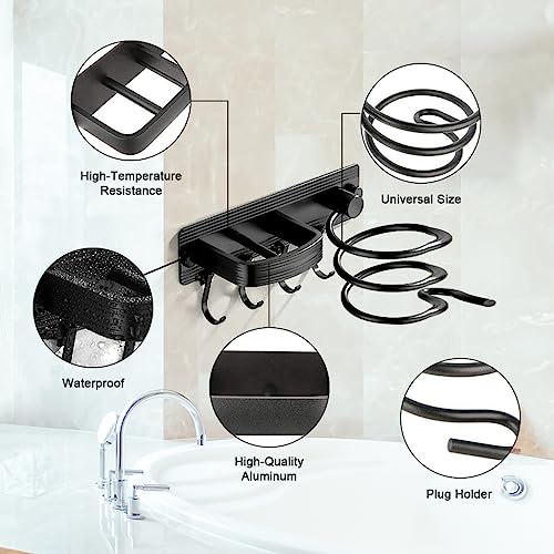 HASTHIP® Hair Dryer Stand Hair Dryer Holder for Wall, Self Adhesive Wall Mounted Hair Dryer Rack Nail Free Installation, Hair Dryer Rack & Hair Styling Care Tool Organizer with 4 Hooks, Black