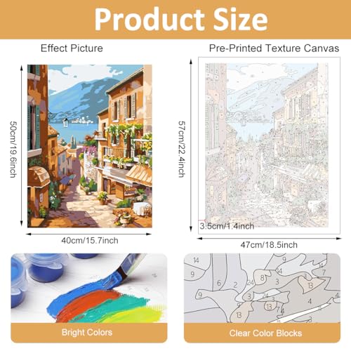 HASTHIP® DIY Paint by Numbers Kit for Adults Pre-Framed European Town Scenery Canvas with Acrylic Paints Brushes Beginner-Friendly Art for Wall Decor Gift 16x20 Inch No Frame 2PCS