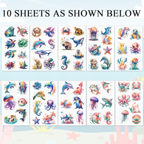 MAYCREATE® Cartoon Tattoo Stickers Marine-themed Dreamy Temporary Tattoos Watercolor Style Tattoo Sticker Set Waterproof Colorful Party Decorative Fake Tattoos for Arm, Face, Hands