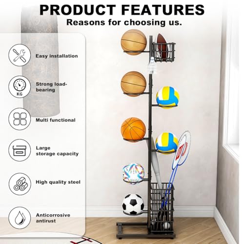 Proberos® Ball Stand Organizer Rack with 7 Ball Bracket & Basket,for Football,Basketball Volleyball Badminton & Tennis Rackets DIY Assembly Accessories Storage Stand with Suction Cup Base