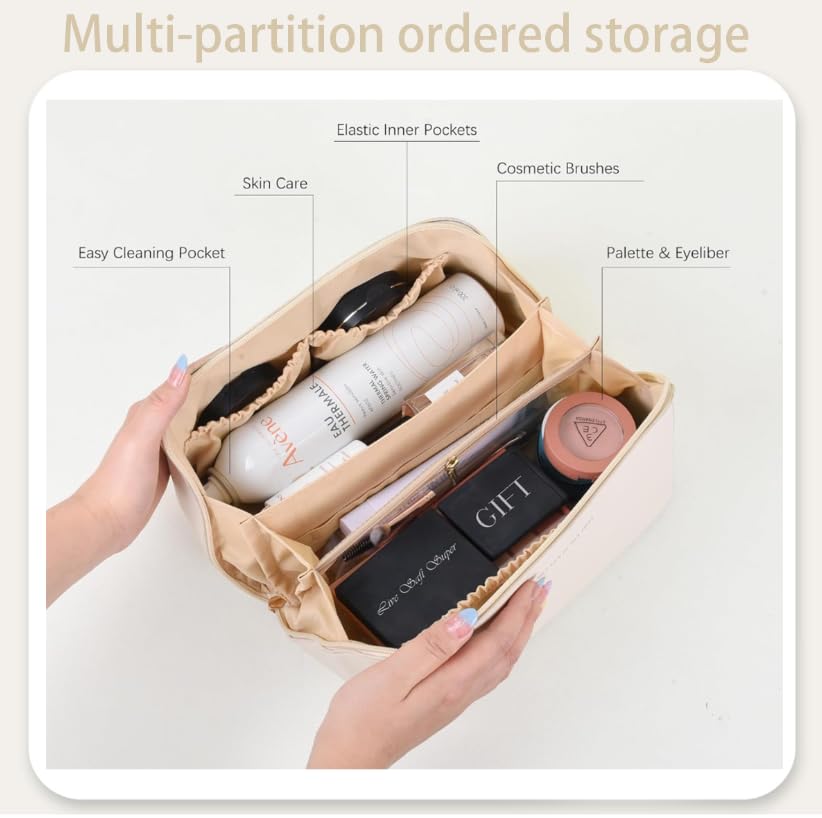 ZIBUYU Cosmetic Bag for Travel with 6 Compartment Storage and Flat Open Design | White