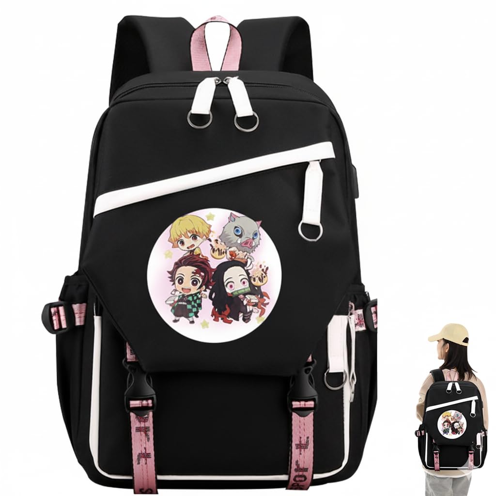 Fancyku Anime Backpack for Girls featuring USB Charging Port and Waterproof Nylon | 30x15x43cm Laptop Daypack