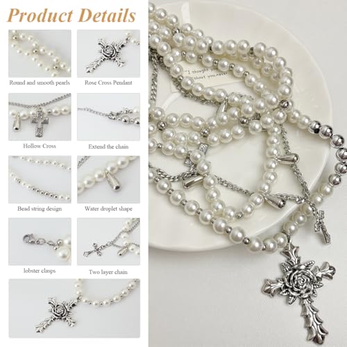 SANNIDHI® Pearl Necklace for Women Girls Gothic Rose Cross Pendant Chain Layered Stainless Steel Beads Choker Punk Aesthetic Jewellery Gifts 3PCS