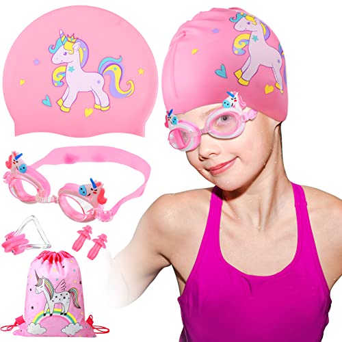 ZIBUYU® Unicorn Swimming Cap & Swim Goggles, Silicone Swim Cap for Girls, Waterproof HD Swim Goggles, Adjustable Head Strap, with Nose Clip & Ear Plugs, Beginners Swimming Gear for 3-15 Years Old