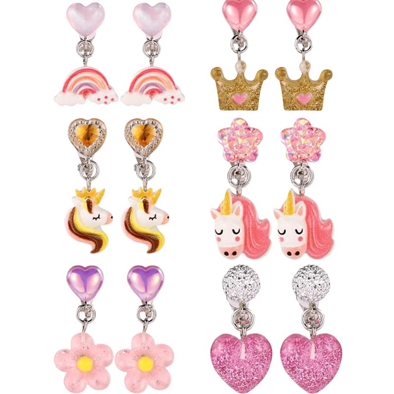 MAYCREATE Clip On Earrings for Girls featuring 6 Pairs Resin Unicorn Heart Designs | Non Pierced Jewelry Set