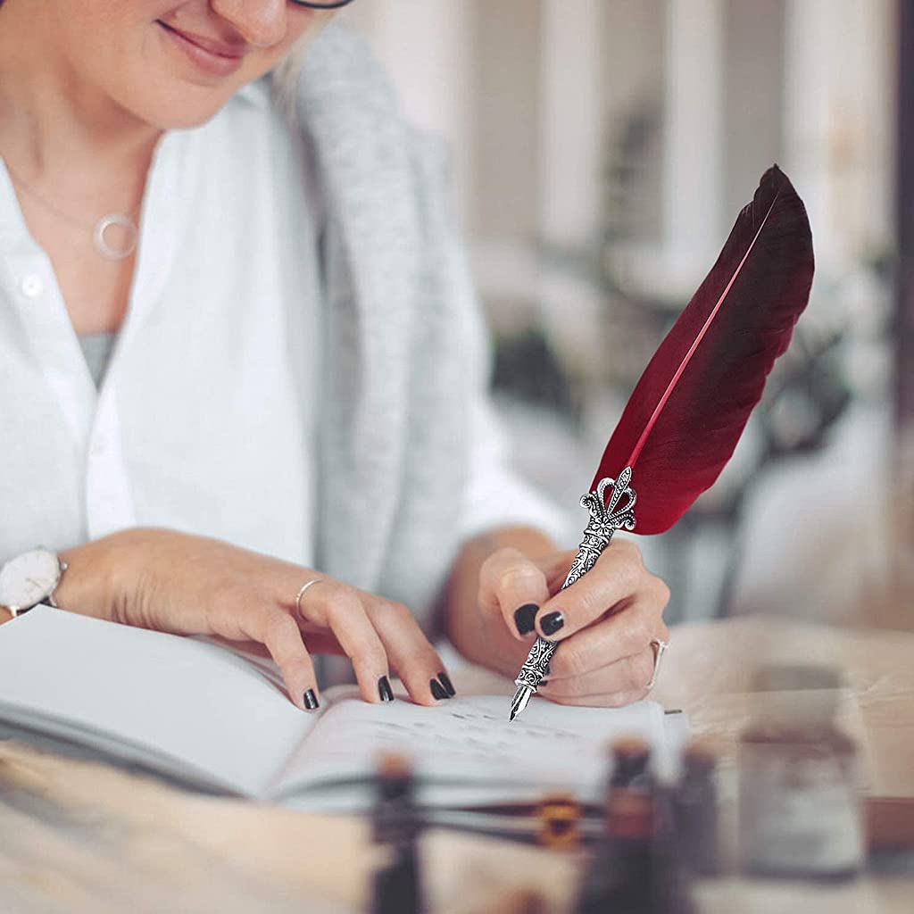 Climberty® Antique Feather Calligraphy Pen Set -Writing Quill Ink Dip Pen with 5 Extra metal Nibs (Red)