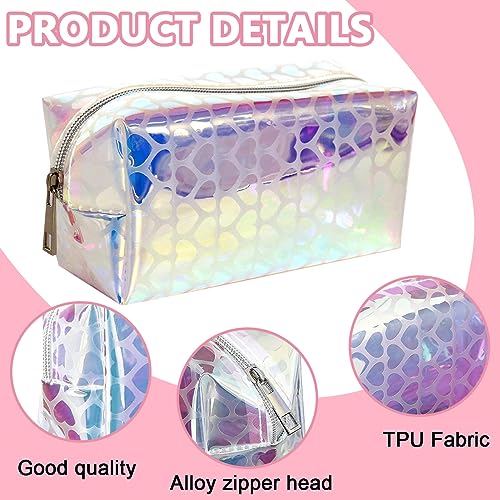 MAYCREATE® Makeup Pouch Organizer TPU Semi-Transparent Cosmetic Bag, Holographic Heart Print Cosmetic Travel Bag for Women Girls, Zipper Toiletry Bag Pencil Pouch