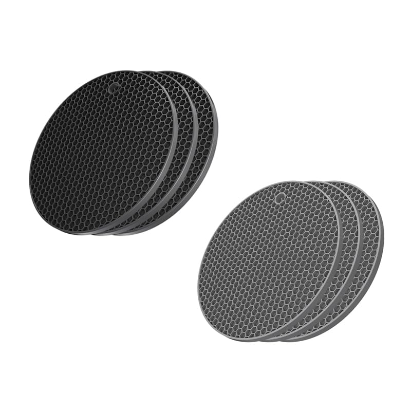 ZIBUYU® 6PC Silicone Mats for Kitchen Counter, Round Silicone Trivets for Dining Table Surface Protector Honeycomb Design Round Silicone Coaster for Hot Utensils, Cup, (7 inch), Black - 3,Grey-3