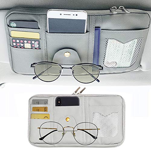 STHIRA Leather Car Sun Visor Organizer Auto Interior Accessories Pocket Organizer Truck Storage Pouch Holder with Multi-Pocket Net Zipper(Gray)