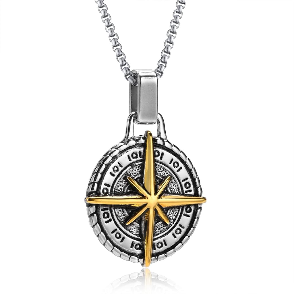 ZIBUYU Chain Pendant for Men Stylish Boys Necklaces Creative Alloy Polaris Compass Design Fancy Men Necklace Stainless Steel Chain Pendant Jewelry for Men Gift (24 inch Chain) - 1