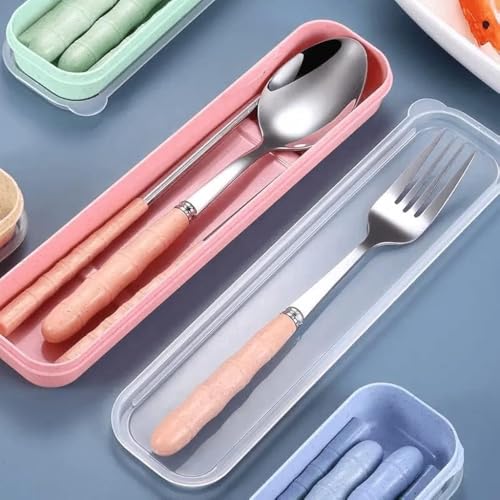 ZIBUYU® Portable Flatwares with Carry Case Set of 3Pcs Chopsticks, Spoon & Fork Combo Food Grade Stainless Steel Cutlery Set Lunch Bag Cutlery Fashion Pink Cutlery for Camping, School, Travel, Office