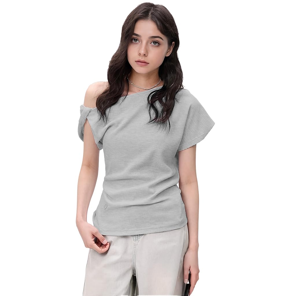 SANNIDHI Womens Off Shoulder Tops for Summer with Waffle Knit Fabric | Casual Loose Short Sleeve Blouse