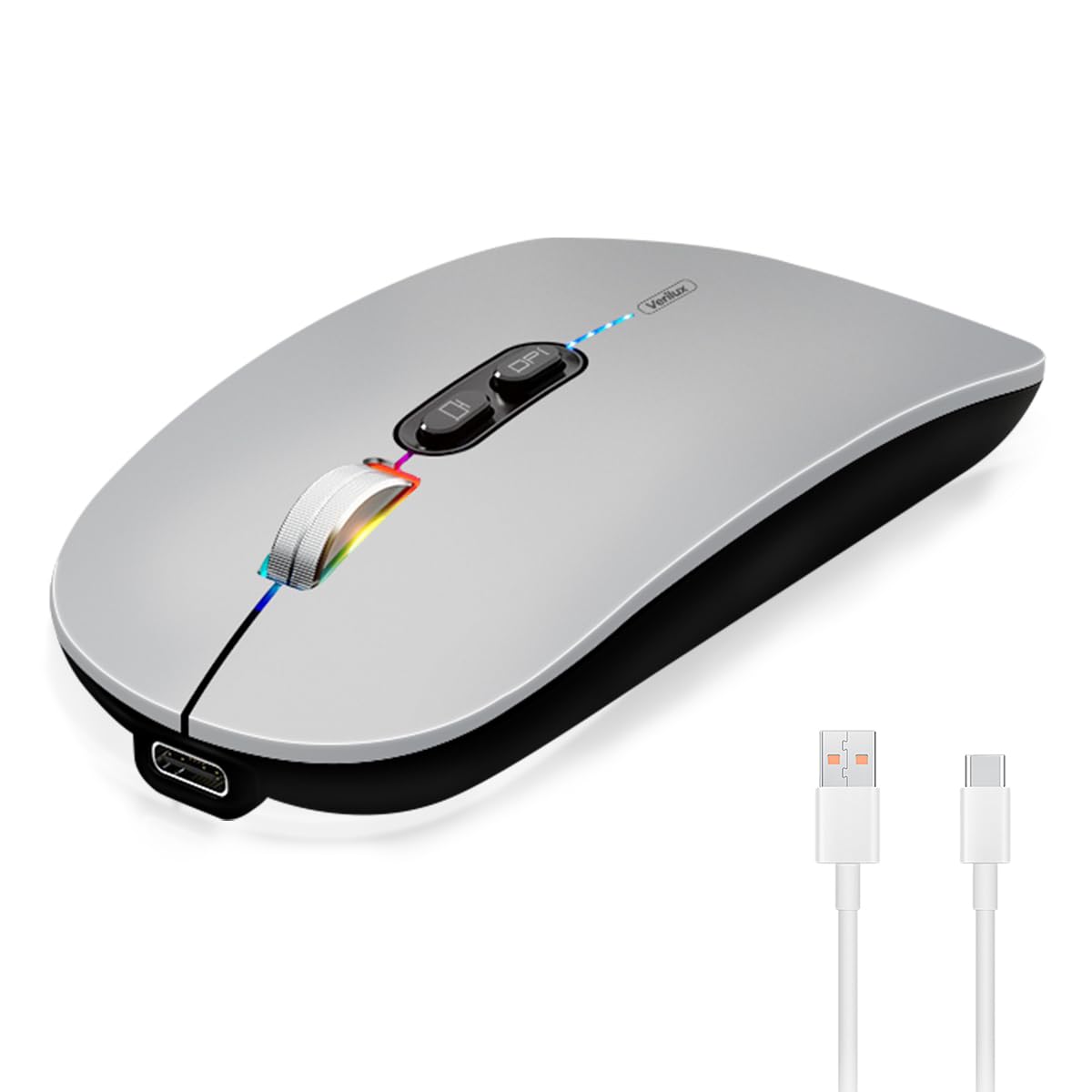 Verilux LED Wireless Mouse, Rechargeable Slim Silent Mouse 2.4G Portable Mobile Optical Office Mouse with USB Receiver, 3 Adjustable DPI for PC, Laptop, Computer, Desktop